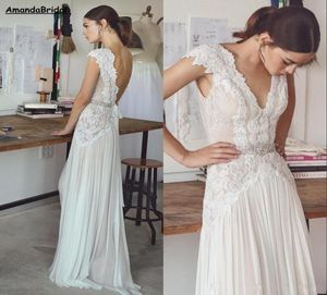 Amandabridal Boho Trouwjurken Lihi Hod 2022 Boheemse bruidsjurken met dopmouwen en V nek geplooide rok Elegant Aline Bri9229741