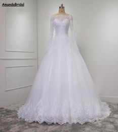 Amandabridale kanten baljurk met lange mouwen trouwdesses voor bruid corset tule bruidsjurk plus size trouwjurken5305581