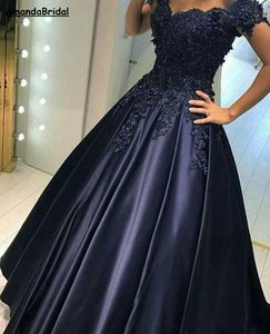 Modest Ball Gown Prom Dress Off Shoulder Sleeveless Lace Applique Corset Back Satin Navy Blue Sweet 16 Dresses Quinceanera Gown