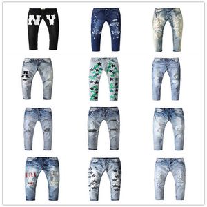 Amari Black Baggy Jeans Designer Pantalon Hommes Taille Moyenne Slim Fit Couleur Bleu Clair Long Coton Faire Vieille Étoile À Cinq Branches Autocollant De Broderie Haute