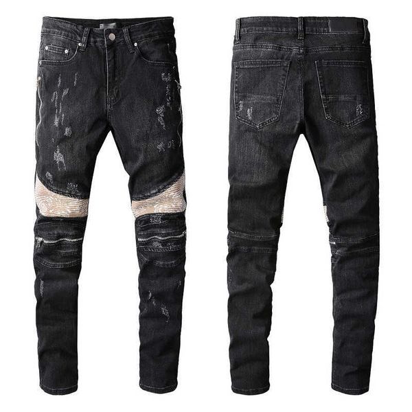 Amari Denim Jeans negros para hombre Cremallera en la rodilla rasgada Ajustes ajustados Chicos delgados Hombres Biker Moto Recto Vintage Distress Dañado Pantalones elásticos largos