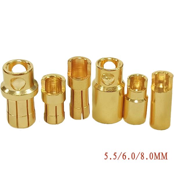 Amass 20/50 / 100 Pairs 5,5 mm 6 mm 8 mm Bullette en or Connecteur de bougie de banane mâle de courant mâle pour batterie / moteur RC Lipo