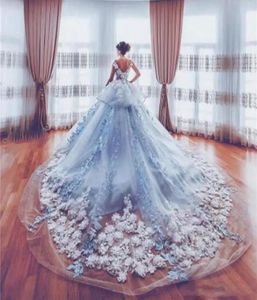 Verbazingwekkende 3D Appliques Wedding Jurken 2018 Ice Blue Peplum Cathedral Train Bruidsjurken Custom Made Tule Layers Wedding Vestidos2915308