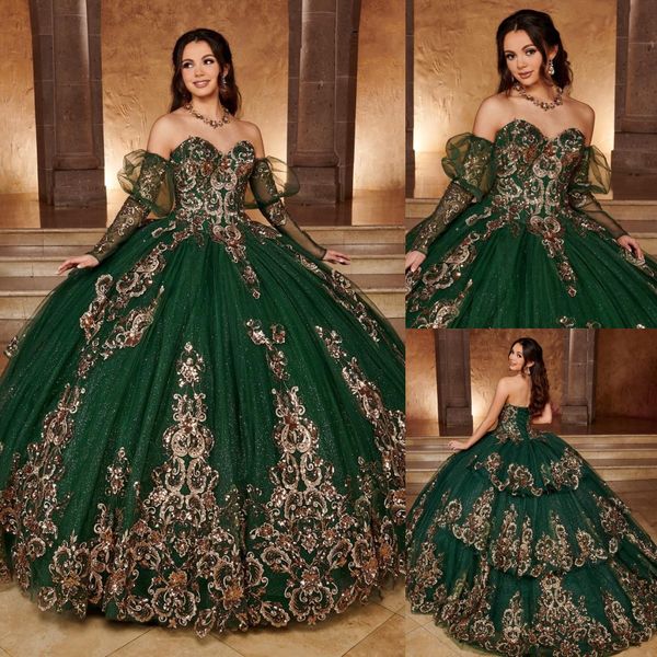 Incroyable robe de bal à plusieurs niveaux robes de Quinceanera paillettes appliquées robes de bal manches longues décolleté en coeur Tulle doux 15 Corset robe de mascarade