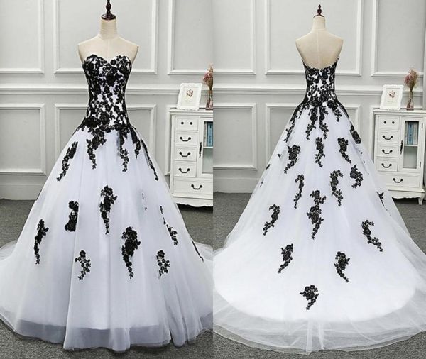 Incroyable robes de mariée princesse noir et blanc robes de mariée chérie Real Po Applique dentelle dos nu robe de réception 9504511