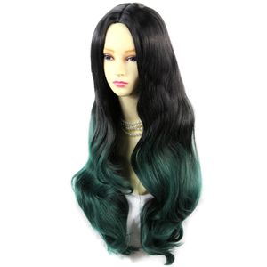 Incroyable brun noir vert long wavy wigs coiffure ombre dip-dye
