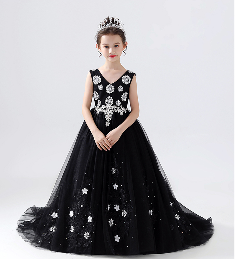 Fantastisk svart tyll V-ringning Applique Pärlor Flower Girl Dress Girl's Pageant Dresses Party/Birthday Dresses Girl's Kirt Custom SZ 2-12 D318015