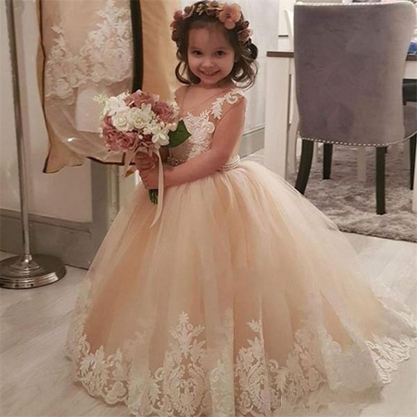 Increíbles vestidos de champán para niñas de flores para el banquete de boda rústico Scoop Lace Beaded Princess Girls Pageant Dress 2020 Cremallera en la espalda Vestidos esponjosos