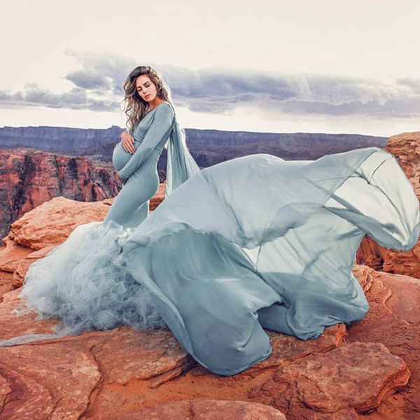 Incroyable Chic Sirène Maternité Robes De Soirée Femmes 2020 Avec Cape Tulle Volants Puffy Sirène De Bal Robes De Soirée Séance Photo Sur Mesure