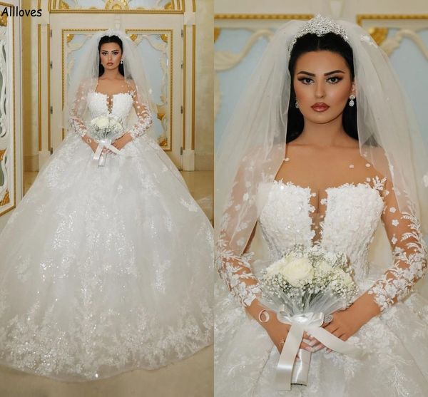 Increíble Dubai Árabe Medio Oriente Weding Vestidos de fiesta con mangas largas Apliques de encaje con lentejuelas brillantes Vestidos de novia formales Sheer Neck Princess Vestidos CL2640