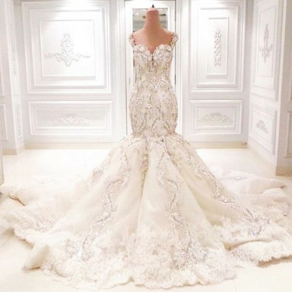 Incroyable robes de mariée sirène de Dubaï luxe cristal strass chérie dentelle appliques robe de mariée magnifique robe de mariée Arabie Saoudite