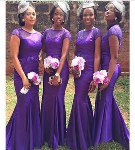 2020 Goedkope lange Afrikaanse paarse bruidsmeisjekleding Mermaid met kralen Korte mouwen jurk voor bruiloft Vestido Dama de Honour