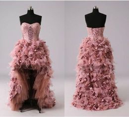 Geweldige verenontwerper prom jurk High Low Sweetheart Applique Lace Ruffles Korte voorkant Lange rug Nieuwe avond formele jurken Dress8657768