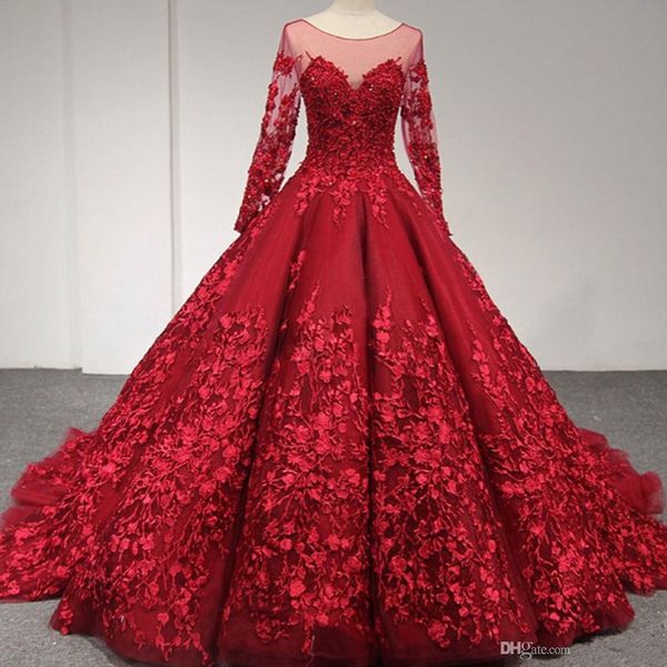 Incroyable Dentelle Robe De Bal Robe De Bal Avec Manches Longues Sheer Bateau Cou Dos Nu Robe De Soirée Tulle Tribunal Train Appliqued Robe De Novia