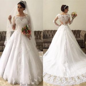 Verbazingwekkende kanten lange mouwen baljurk trouwjurken 2020 Vestido de noiva robe de mariee illusie terug bruidsjurken