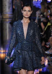 Verbazingwekkende luxe 2015 Elie Saab Runway Vneck Aline Taffeta Dark Navy Cocktail Dress Long Sleeve Formal Evening Ghowns9746273