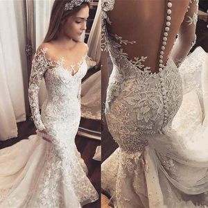 Incroyable dentelle nigériane robes de mariée sirène avec manches longues appliques perles de cristal bijou décolleté transparent voir si dos Boho mariée