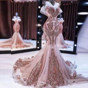 Incroyable rose sirène robes De bal pure cou dentelle Appliques perles robes De soirée arabe formelle Robe De soirée Robe De soirée