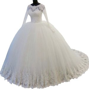 Verbazingwekkende echte foto plus size kant baljurk trouwjurk jurk met illusie lange mouwen 2018 tule goedkope landelijke stijl kralen gewoonte