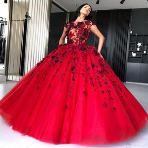 Incroyable robe de bal rouge robes de mariée Sheer Bateau Neck 3D-Floral Appliqued robes de mariée Tulle étage longueur robe de novia225H