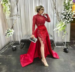 Robe De soirée en dentelle rouge, manches longues, col haut, fendue sur le côté, robes De bal formelles pour femmes, surjupe, 2024