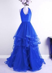Incroyable bleu royal longues robes de bal à volants jupe gonflée robes de soirée une ligne douce tulle pageant robe de soirée graduation licou col en V