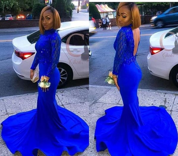 Increíble azul real de manga larga vestidos de baile 2019 sirena africana vacaciones graduación desgaste vestidos de fiesta de noche por encargo más tamaño