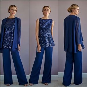 Geweldige koninklijke blauwe moeder van de bruidegom broek pak drie stuks pailletten kant chiffon met jas lange avond formele jurken goedkoop