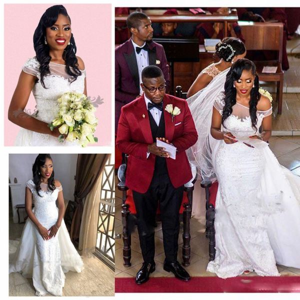 Incroyable pure cou hors épaule robes de mariée dentelle sirène robes de mariée sud-africain balayage train robe de mariée sur mesure 2019