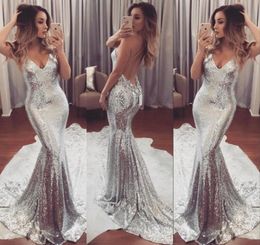 Amazing Silver Sparkling Prom Robe Sexy Deep Vneck Open Backless Sweep Train Formal Party Robes 2017 Nouvelles robes de soirée de mode1406679