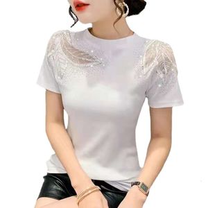 Amazon Cross Border-Camiseta hueca para mujer, camiseta de manga corta con empalme de malla de diamante laminada en caliente, aspecto delgado y pequeño, novedad de verano 2022