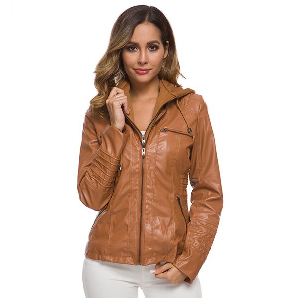 2023 Automne Hiver Femmes Vestes En Cuir Pu Col Montant À Capuche Zip Épissé Rivet Rayé Fausse Fourrure Court Slim Manteaux BKJ23009