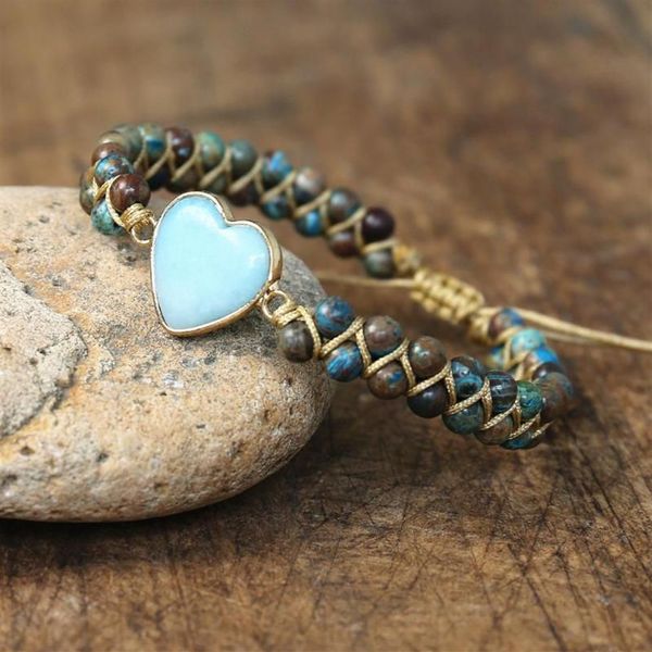 Amazonite coeur forme bleu fou dentelle Agates tressé Bracelet amitié charme Wrap Bracelet femmes hommes fait à la main bijoux 263A