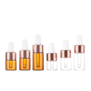 Mini botellas de vidrio ámbar y transparente con gotero 1 ml 2 ml 3 ml 5 ml con tapa de oro rosa para esencia de muestra