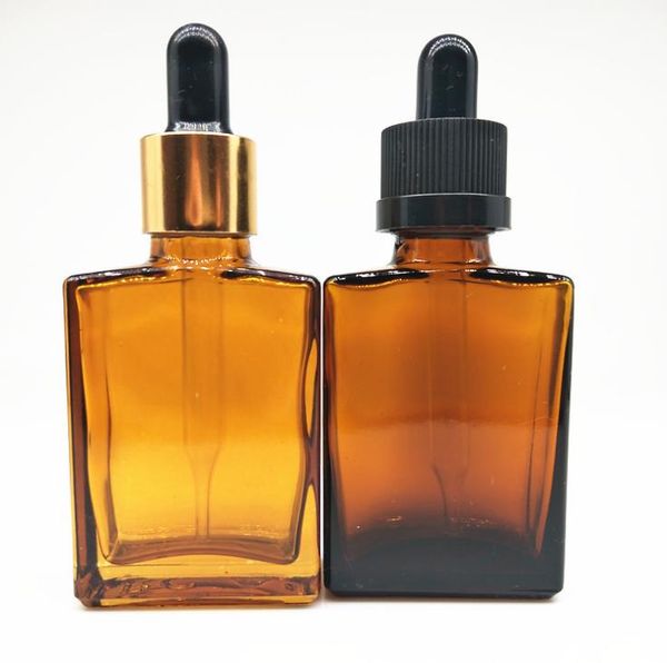 Bouteille d'huile de corps d'huile de barbe en verre carré enduit d'ambre 30 ml flacon compte-gouttes en verre liquide rectangulaire en gros SN2286