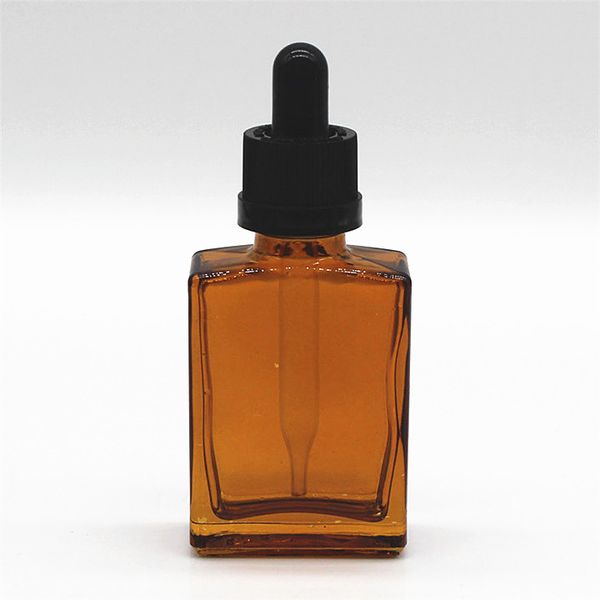 Bouteille d'huile de corps d'huile de barbe en verre carré plat enduit d'ambre 15 ml 30 ml 50 ml 100 ml bouchon noir à l'épreuve des enfants rectangle flacon compte-gouttes en verre liquide médical en gros