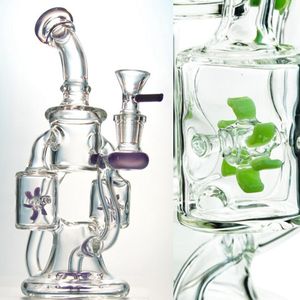 10 pulgadas de altura Doble fumar narguile Dab Rigs spin Propeller Perc Azul Verde Púrpura Embriagador Bong de vidrio Plataforma petrolera con 14 mm Bowl Recycler