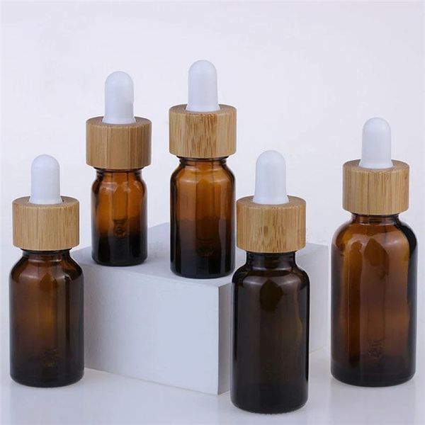Bouteilles en verre ambré pour huiles essentielles Parfums Récipient d'échantillon cosmétique avec bouchon en bambou 5 10 15 30 ml