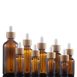 Flacons de parfum d'huile essentielle en verre ambré givré, avec compte-gouttes à capuchon en bambou naturel, 5ml - 100ml