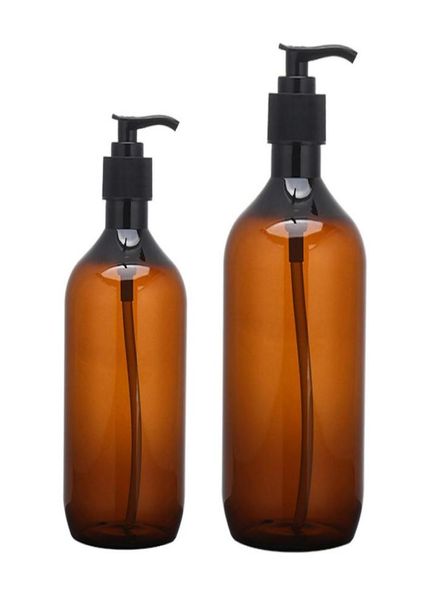 Amber Plastique Bouteille compressée vide avec une pompe à lotion noire Récipients d'échantillons pour la lotion de la carrosserie Gel de douche 101oz And6001585