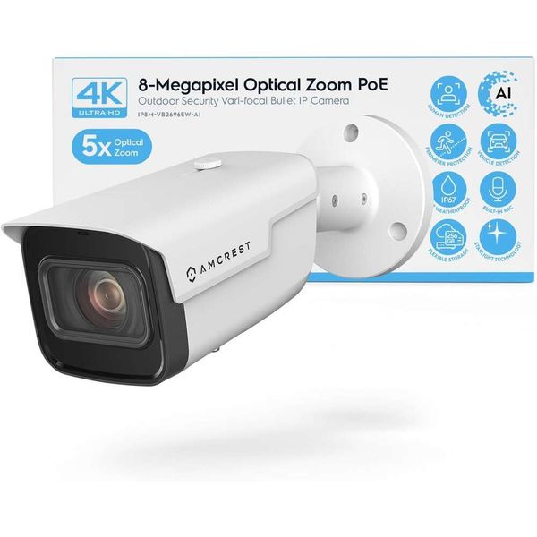 Amcrest 4K Optical Zoom Ai IP Poe Camera avec objectif varifocal, détection humaine et véhicule, caméra à puces extérieure avec cote de temps IP67