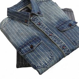 Amekaji VIntage Denim Chemise Hommes Printemps Automne Nouveau Revers Multi-poches Bleu Rayé Lg Manches Chemise Cargo Casual Cardigan Tops r3X3 #