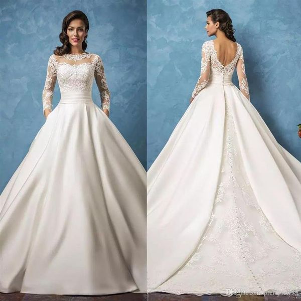 Vestidos de novia de encaje de Amelia Sposa 2022 con bolsillos, mangas largas, cuello de joya, tren de barrido, vestidos de novia de una línea262s