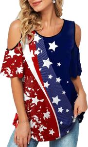 Amerika Vlag Shirt Vrouwen Koude Schouder Patriottische Tuniek Casual Onafhankelijkheidsdag Blouse Top