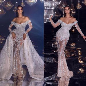 Vestidos de novia de sirena americana con tren desmontable, vestidos de novia con cuentas de cristal de talla grande y hombros descubiertos, vestido de novia