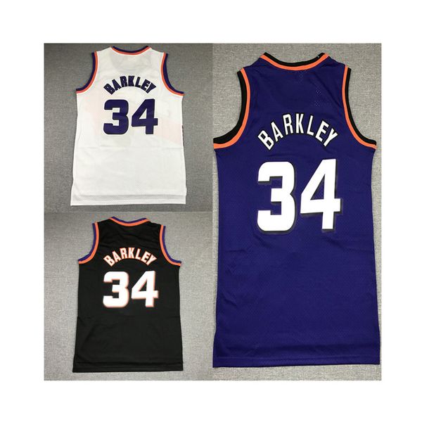 Vêtements de basket-ball américain Charles Barkley 34 maillots pour hommes blanc noir violet mitchell ness chemise taille adulte maillot cousu ordre de mélange