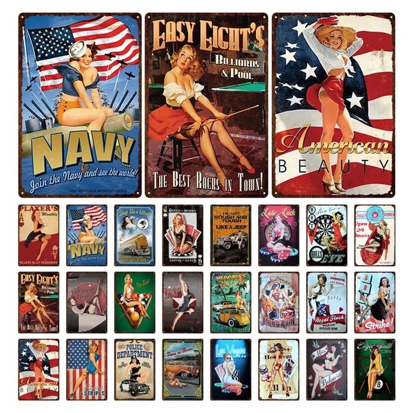 American Beauty Pin Up Girl Portrait Retro Cartel de chapa Poster Queen of Spades Girl Vintage Picture Placa de metal Placa de decoración Poster 30X20cm W03