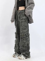 American Camouflage Cargo Pocket Jeans Women Y2K Europe America America Hip Hop Fried Street Wide Leg Casual Pants High Street 240430