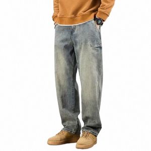 American Casual Denim Pantalons Solide Couleur Rétro Large Jambe Droite Taille Moyenne Poches Bas Loose Fit Jeans Hommes Vêtements S7Iq #