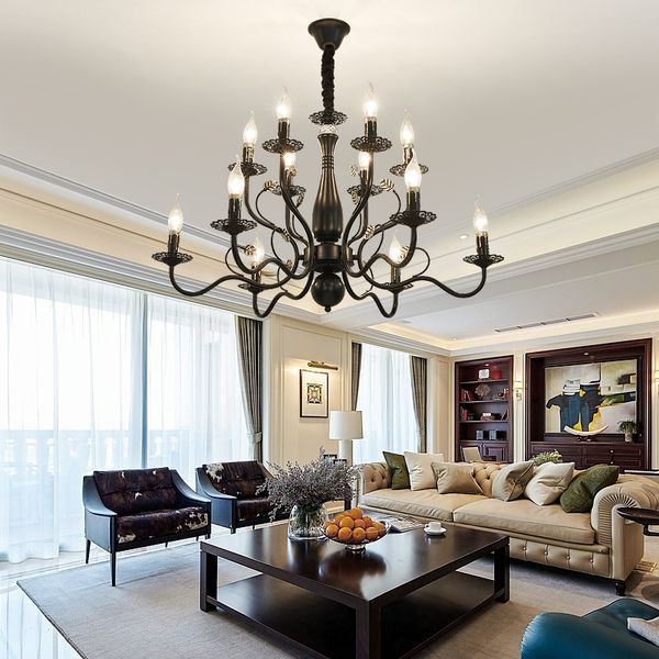 Lámpara de araña americana para sala de estar, comedor, dormitorio, iluminación retro creativa, luz de vela de hierro forjado, lampadari